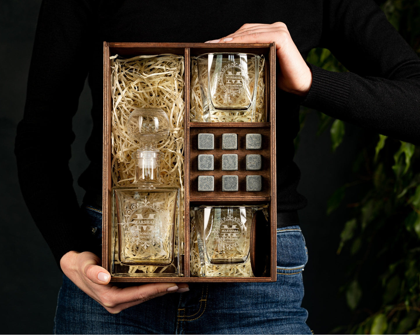 Personalized whiskey decanter set with gift box