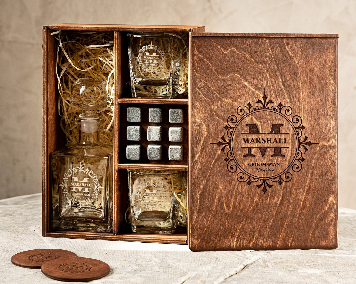 Personalized whiskey decanter set with gift box