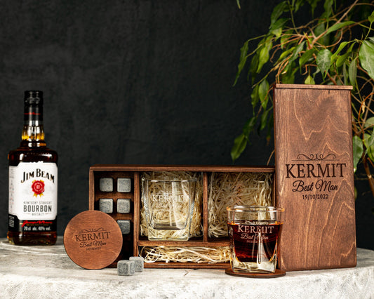 Custom Bourbon Glass Best Man Gift. Great Gift for Groomsmen, Personalized Whisky Glass Set with Whiskey Stones and Personalized Wood Box